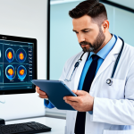 Home 11 Modern Healthcare Professional**
"A doctor wearing a lab coat, examining a digital tablet displaying a patient's genomic data, in a bright, modern clinic setting, fully clothed, appropriate attire, safe for work, perfect anatomy, correct proportions, professional setting, family-friendly."
**