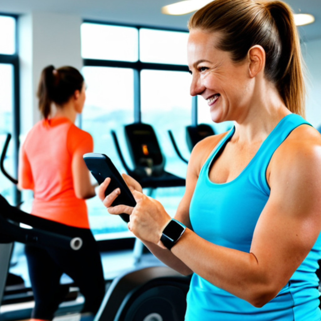 Wearable Technology for Health**

"A smiling, active woman in her 30s wearing a stylish smartwatch and fitness apparel in a bright, modern gym. She is checking her stats on the watch. Background includes gym equipment and other people exercising. Focus on the positive aspects of using technology to improve health. Fully clothed, appropriate attire, safe for work, perfect anatomy, natural proportions, professional photography, high quality, family-friendly."

**