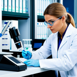 Home 9 Predictive Medicine Lab**
"A bright and modern medical laboratory, fully equipped with advanced diagnostic machinery. A female scientist in a fully clothed lab coat and safety glasses is analyzing a blood sample. Focus on the advanced technology and sterile environment. safe for work, appropriate content, fully clothed, professional, perfect anatomy, correct proportions, high resolution, professional photography."
**