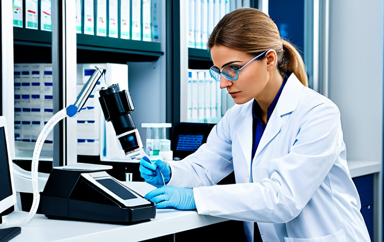 Predictive Medicine Lab**

"A bright and modern medical laboratory, fully equipped with advanced diagnostic machinery. A female scientist in a fully clothed lab coat and safety glasses is analyzing a blood sample. Focus on the advanced technology and sterile environment. safe for work, appropriate content, fully clothed, professional, perfect anatomy, correct proportions, high resolution, professional photography."

**